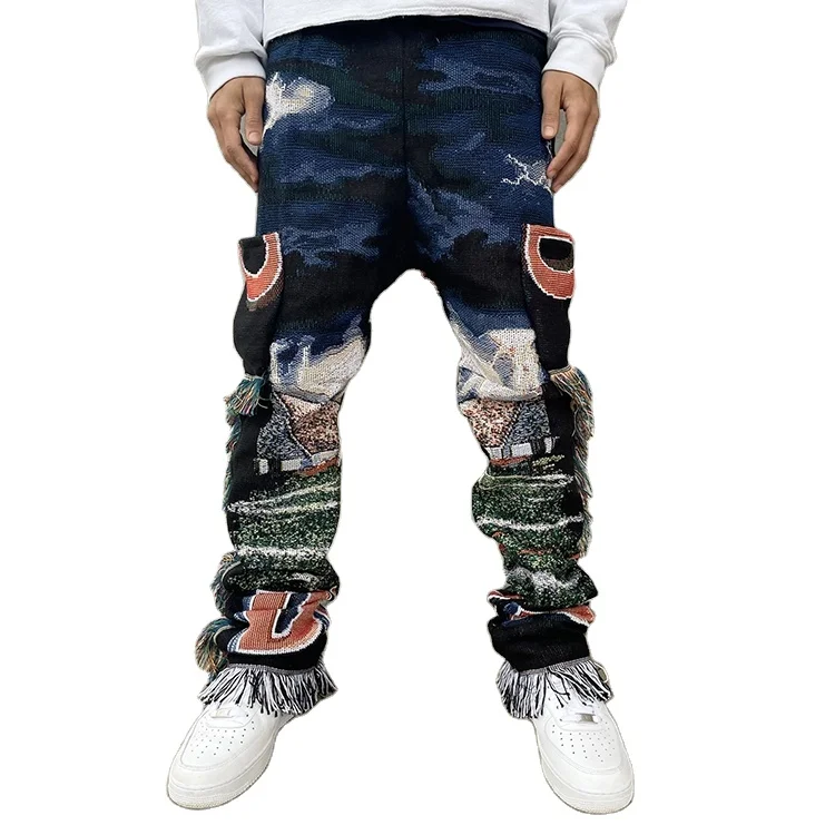 Custom Baggy Loose Fit Cargo Stacked Men Woven Blanket Tapestry Pants Men Trousers