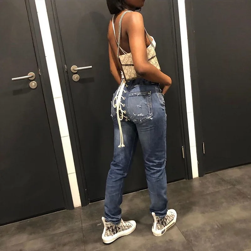 Женские джинсовые брюки в полную длину, винтажные панталоны, облегающие брюки boyfrineds, джинсы, брюки со шнуровкой сзади