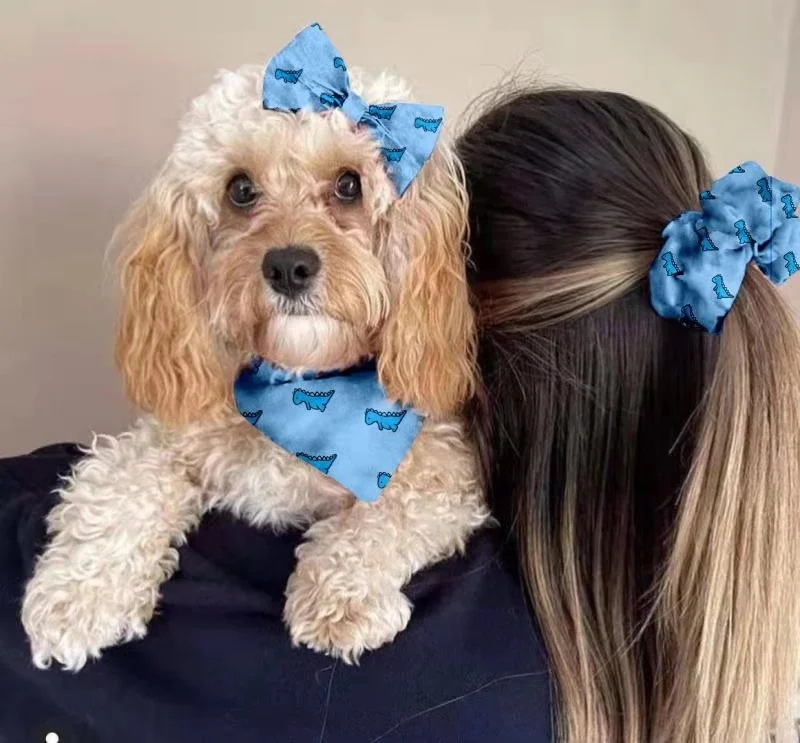 
Luxury sublimation Dog Bandana Bow Tie Matching Scrunchie Combo Matching Dog and Owner printing design Valentines Dog Bandana 