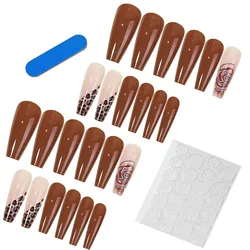 24Pcs Long Coffin Black Leopard Print Ballet False Nails French Wearable Finished  Full Cover Press On Artificial Fingernails