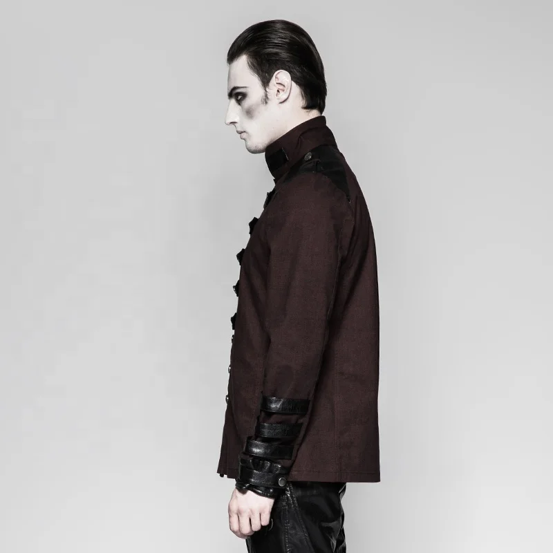 PUNK RAVE Y-753 Germany Soldierly Uniform Stand Collar  Delicate Loops PU Cuffs Men Dark Red Shirts