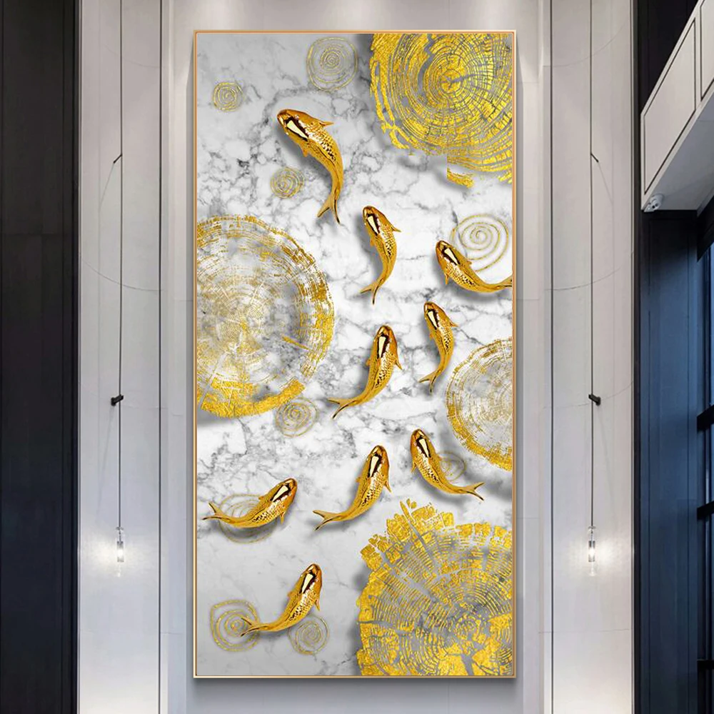 Luxury Golden Koi Fish Crystal Porcelain Painting Art Prints Custom Size Wall Art for Home Decor and Office for Hotel Use