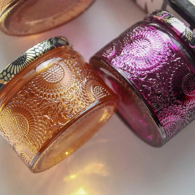 2023 New Unique Mini Recycle Color Embossed Pattern Glass Jar Candle For Home Decoration