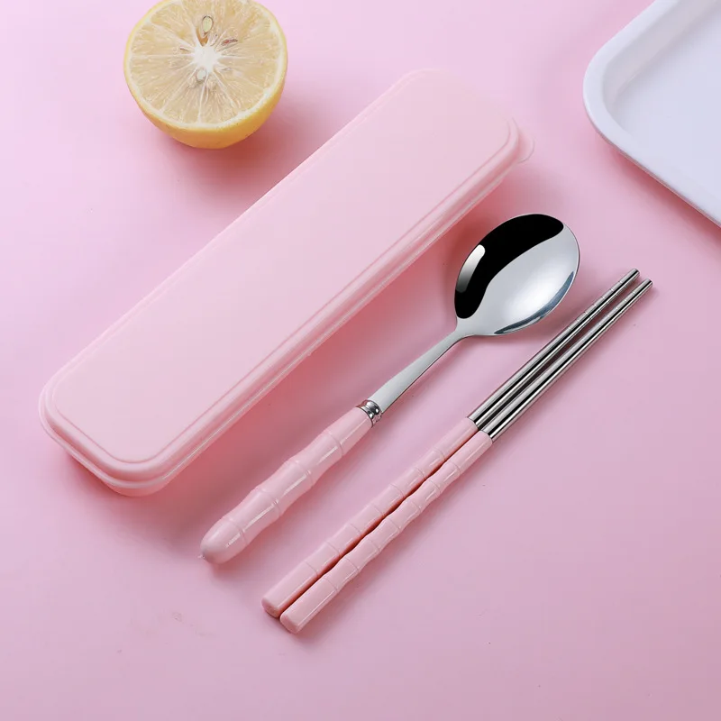 2 in 1 outdoor portable stainless steel spoon fork chopsticks set with pp box travel cutlery for school