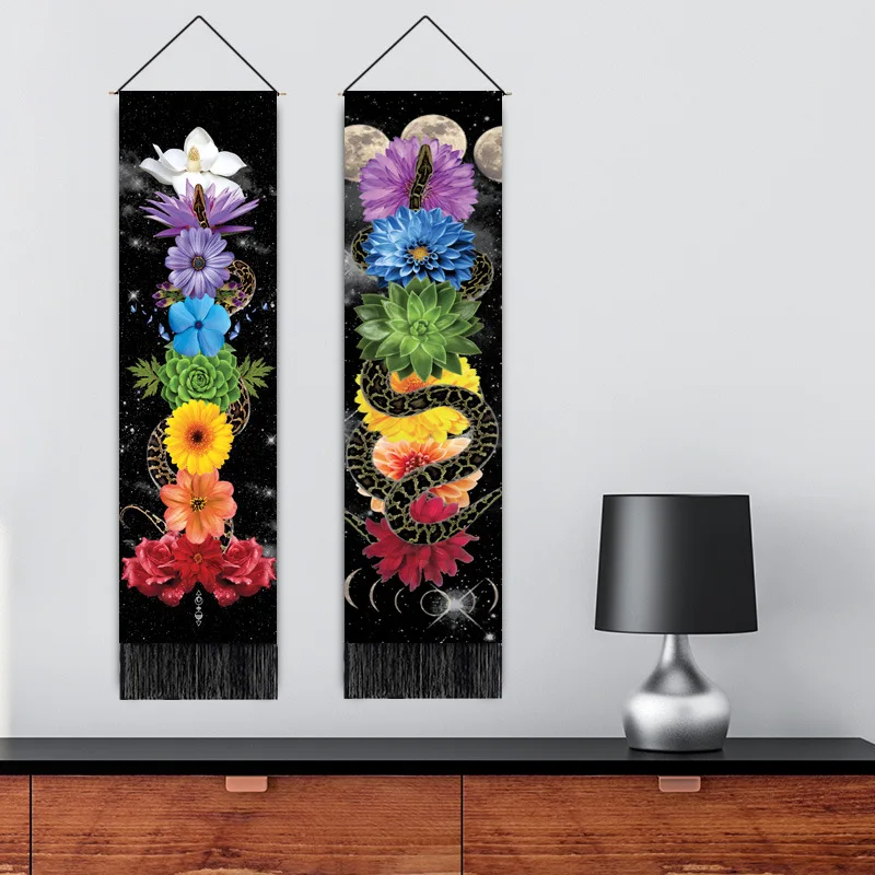 51.2X12.8 Inches Indian Hippie Buddha Wall Decor Seven Lotus Long Tapestry Vertical Wall Hanging with Tassel