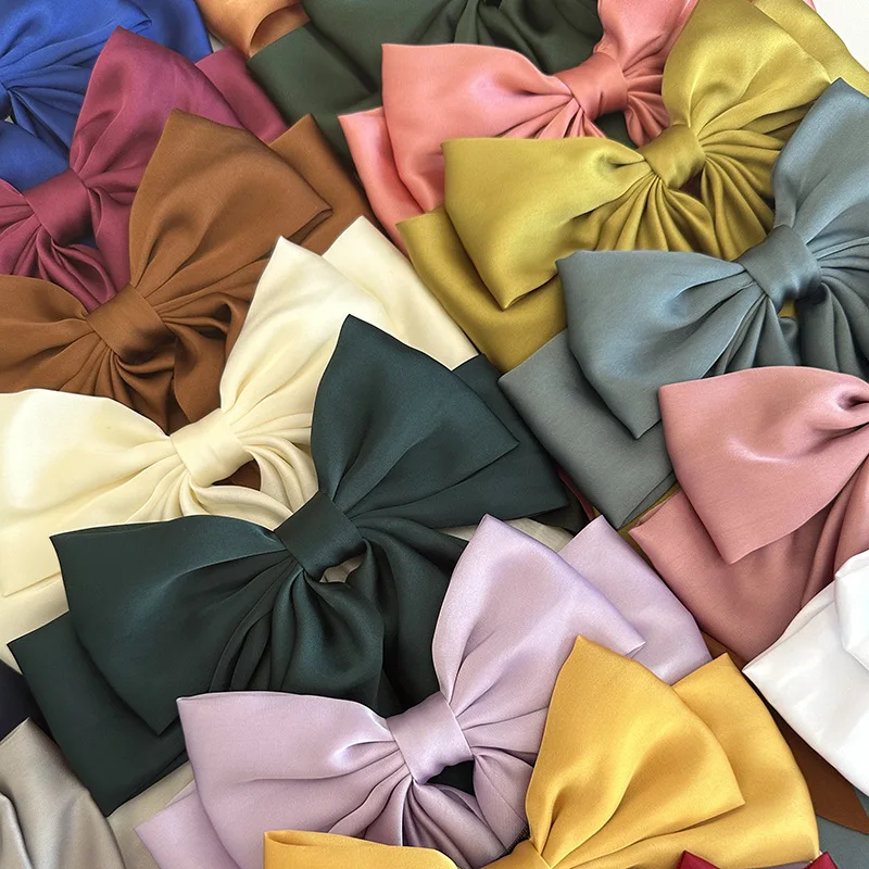 Customizable  Big Bow Hair Clips Solid Color Bowknot Hairpin French Barrette with Long Silky Satin for Adult Teens Women
