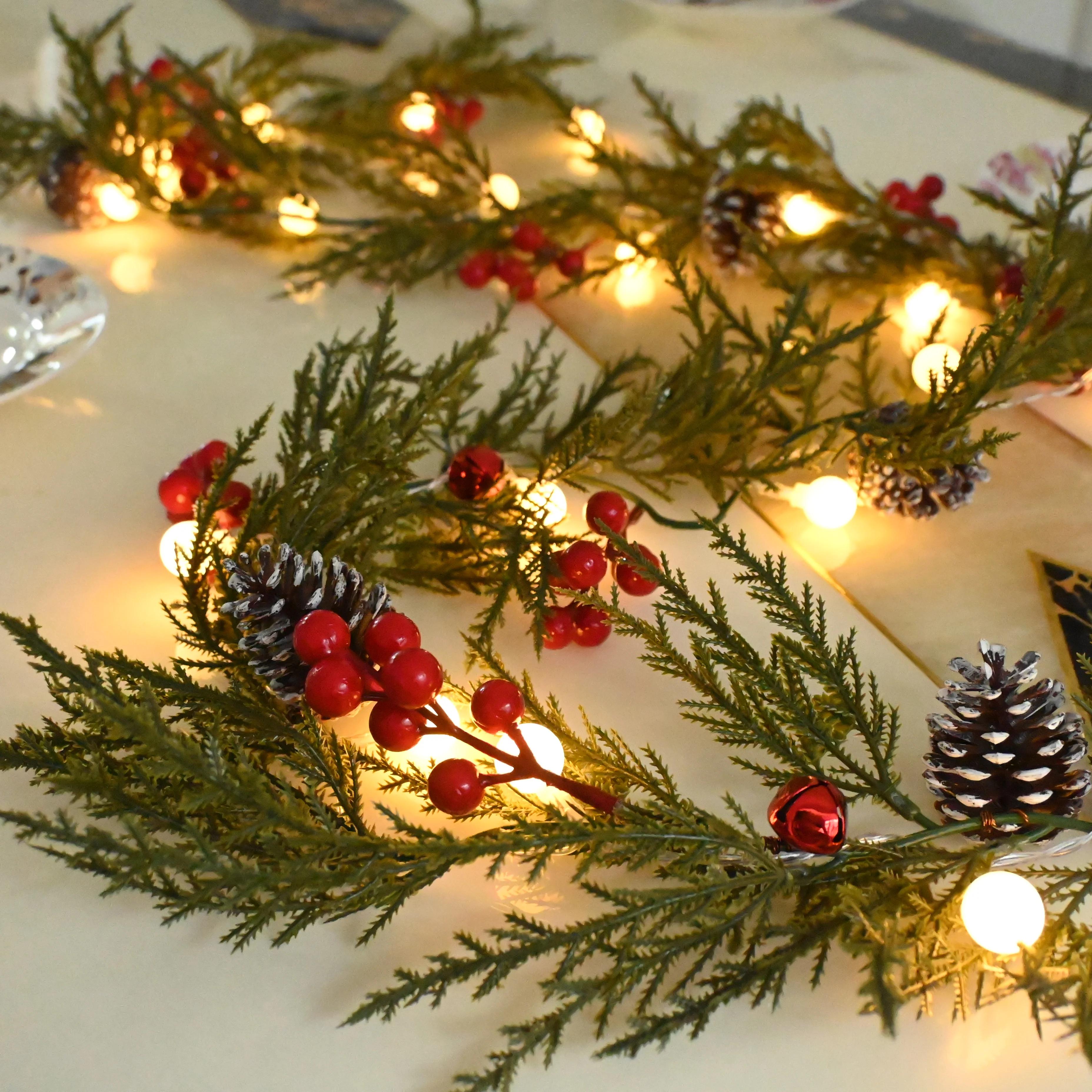 Christmas Cypress Garland Lights 6.5 FT 20 LED Battery Operated Red Berry Garland with Timer Christmas Pre-lit Lighted Garlands