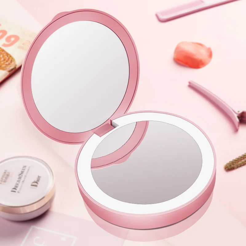 Round Shape Portable Double Sides LED light Small Makeup Pocket Mirror with Power Bank for Charge to Cell Phone   Makeup Mirror