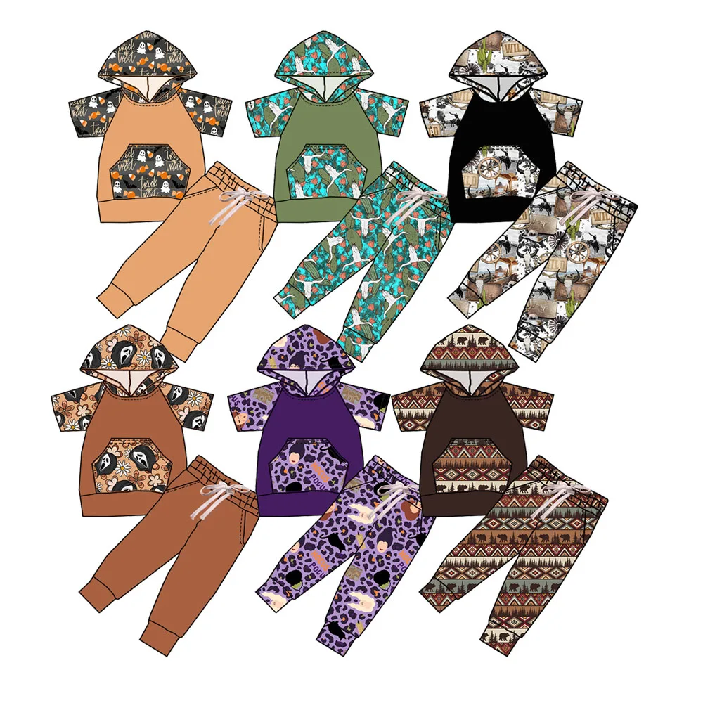 Hot Sale Halloween Cotton Fabric Short Sleeves Hoodie Shirts Jogger Sets for Boys Outfits for Kids Lounge Wear