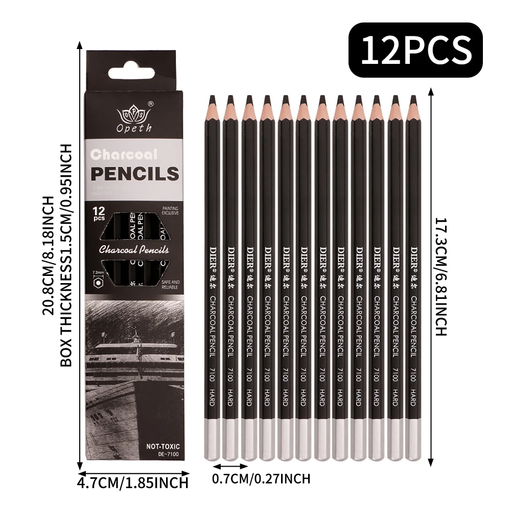 Opeth Charcoal Pencil 12pcs/box Professional XSoft/Soft/Hard/MED Non-toxic Black Sketch Drawing Pencils Set