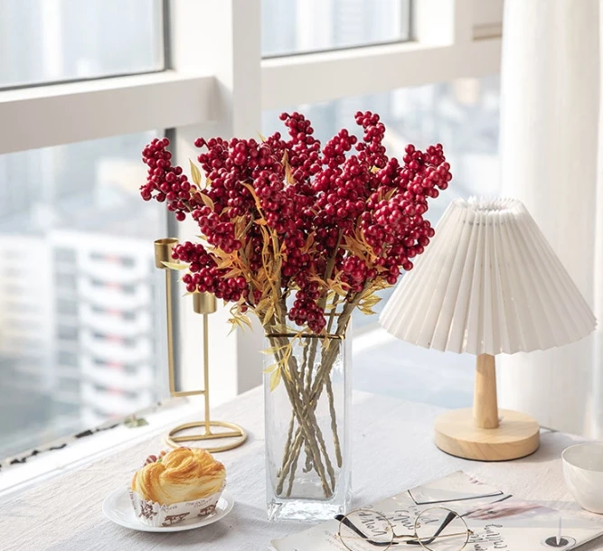 Hot sale Decorative Artificial red bean Branch with Faux Persimmon Realistic red bean Branch Home Office Decoration