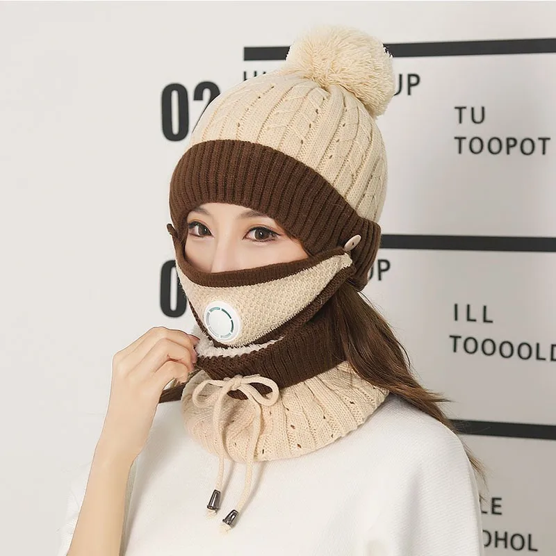 Wholesale woolen knitted hat for women, fashionable and warm in autumn and winter, versatile plus fleece hat and scarf set