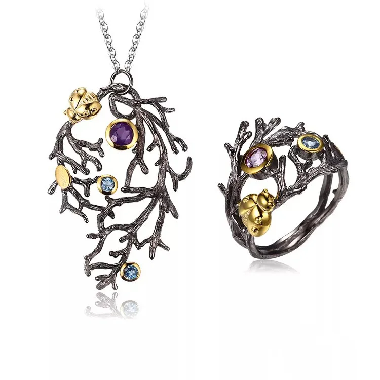 Tree Branch Design 925 Sterling Silver Zircon Jewelry Set with Blue Topaz