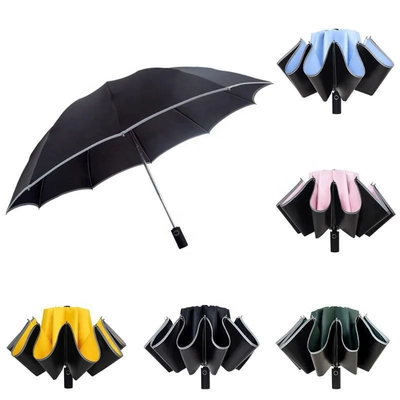 Auto Opening Close Reverse Lady Small Mini Pocket 3 Folding Umbrella, Travel Foldable Automatic Umbrella with Night Reflect