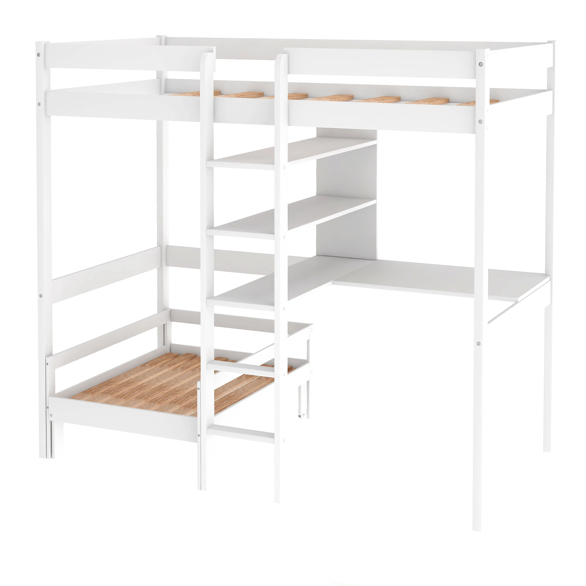 Convertible Loft Bed with L-Shape Desk, Twin Bunk Bed with Shelves and Ladder for Boys and Girls, White
