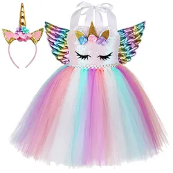 Fashionable Unicorn Mesh 2 To 12 Years Summer Party Tutu Dresses For Baby Girls