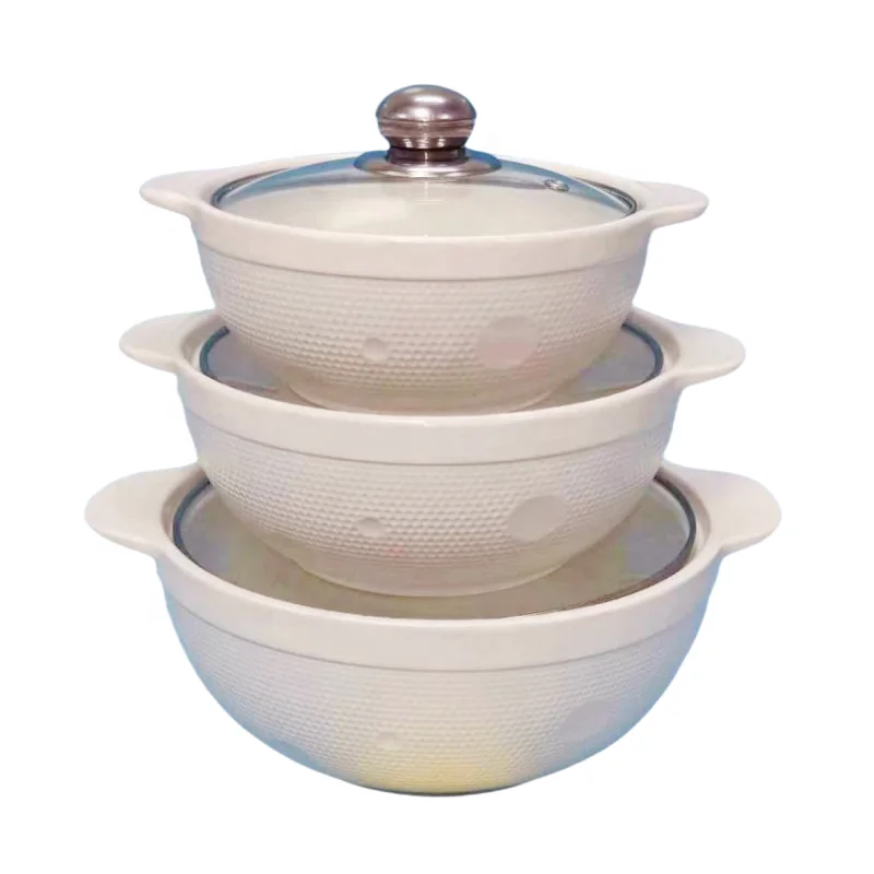 Modern 3pcs Ceramic Soup Pot Set Gold Edge Glass Lid Sustainable Small Pot Soup Cookware Wholesale Luxury Ceramic Soup Stock