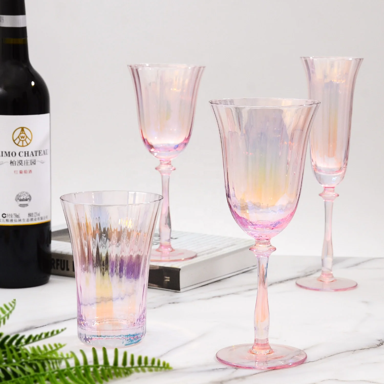 wholesale Unique Wedding Luxury ribbed Rainbow pink Colored wine glass Cup Origami Wine Goblet Glasses