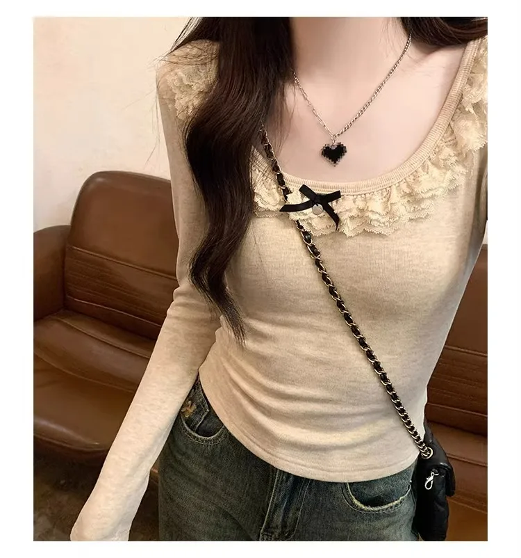 Spring and Autumn High Quality U-Neck Sexy Underlay T-shirt for Women with Lace Splicing Waist Closure Inner Layup with Clothes