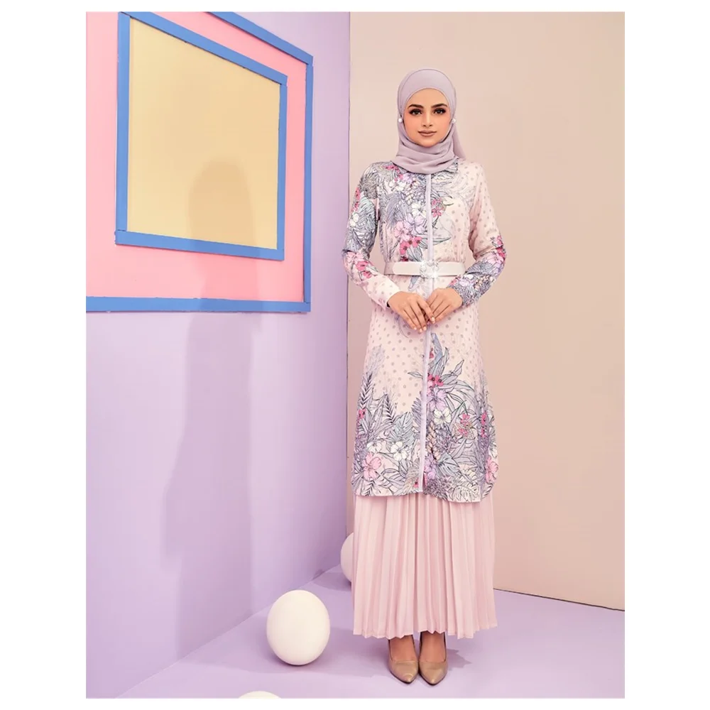 SIPO 2023 Muslim Women Long Modesty Dress Set Satin Silk Floral Print Side Pockets Belt Two Piece Modesty Modest Clothing Set