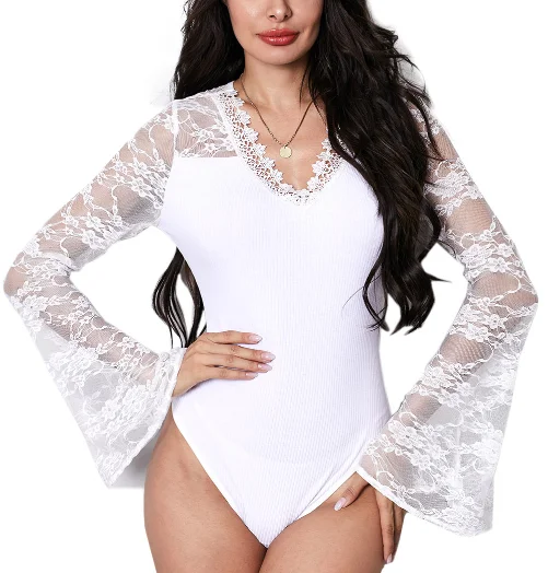 Производитель белый Flare кружево рукавом ребристые боди пикантные Эротические Нижнее бельё для девочек бюстгальтер трусики