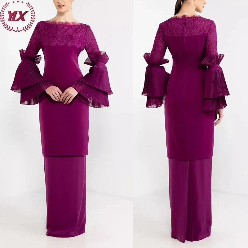 New Style Skirts Two Pieces Set Purple Lace With Pleated Flare Sleeves Matte Satin Voile 2023 Baju Kurung