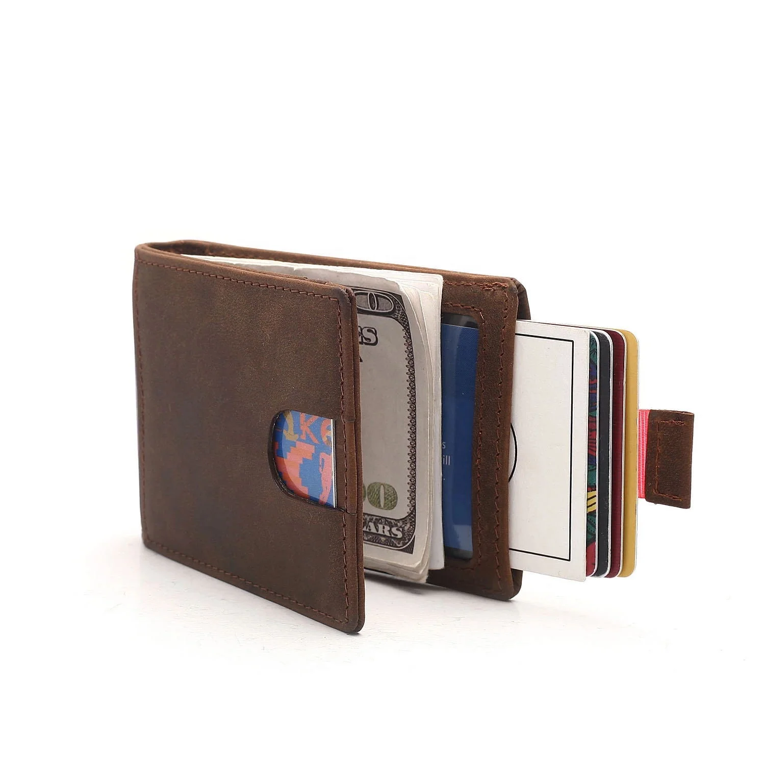 
Custom RFID Blocking Crazy Horse Leather Men Slim Money Clip Wallet 