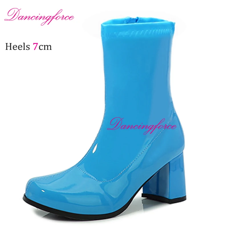Blue Vintage Go Go Ankle Boots For Women Square Heels Round Toe Ladies Boots Hoof Heels Booties Woman Fetish 60S 70S Gogo Boots