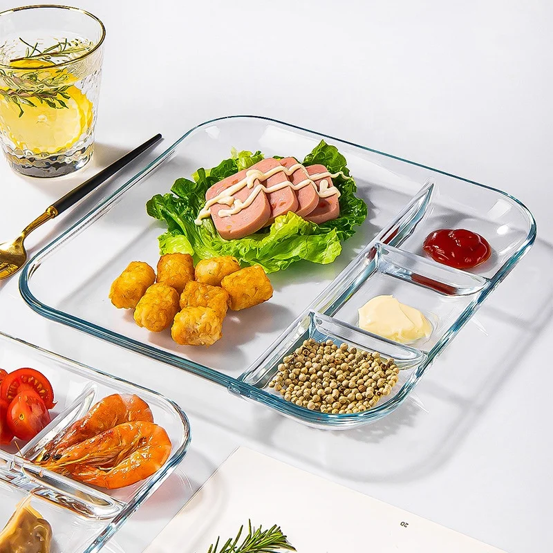 Transparent Glass Meal Plates Packaged Meal Plates Decoration Tableware Ovenproof Bakeware Dish With Divider