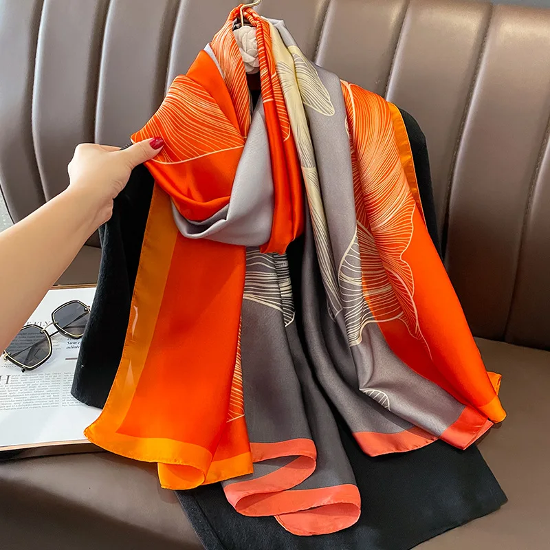 Wholesale elegant flower pattern print silk scarf for lady luxury soft imitation silk scarf women hijabs sunscreen shawls stoles