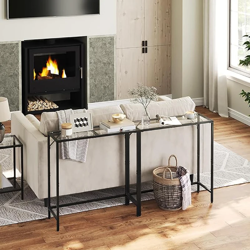 Modern Luxury Black Metal Frame Tempered Glass Console Table Narrow Sofa Side Table for Entrance, Living Room, Hallway