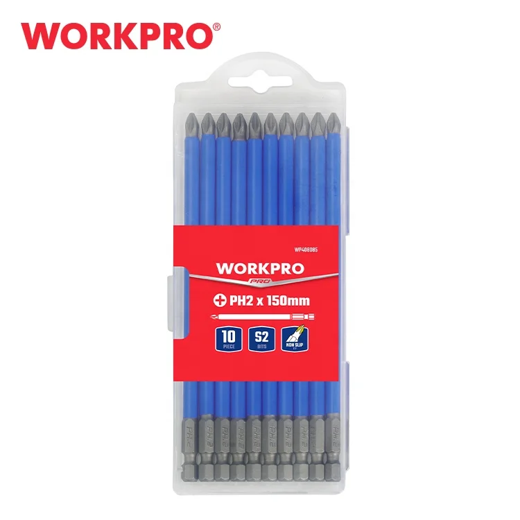 WORKPRO 10PK 8in Long Non-Slip Thin Rod Screw Bit PTA Set - 150mm x 6 x PH2