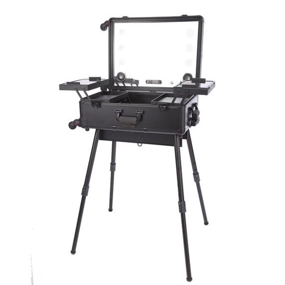 
Aluminum professional rolling cosmetic Makeup Trolley Suitcase Train Case With lighted mirror LED light bluetooth 