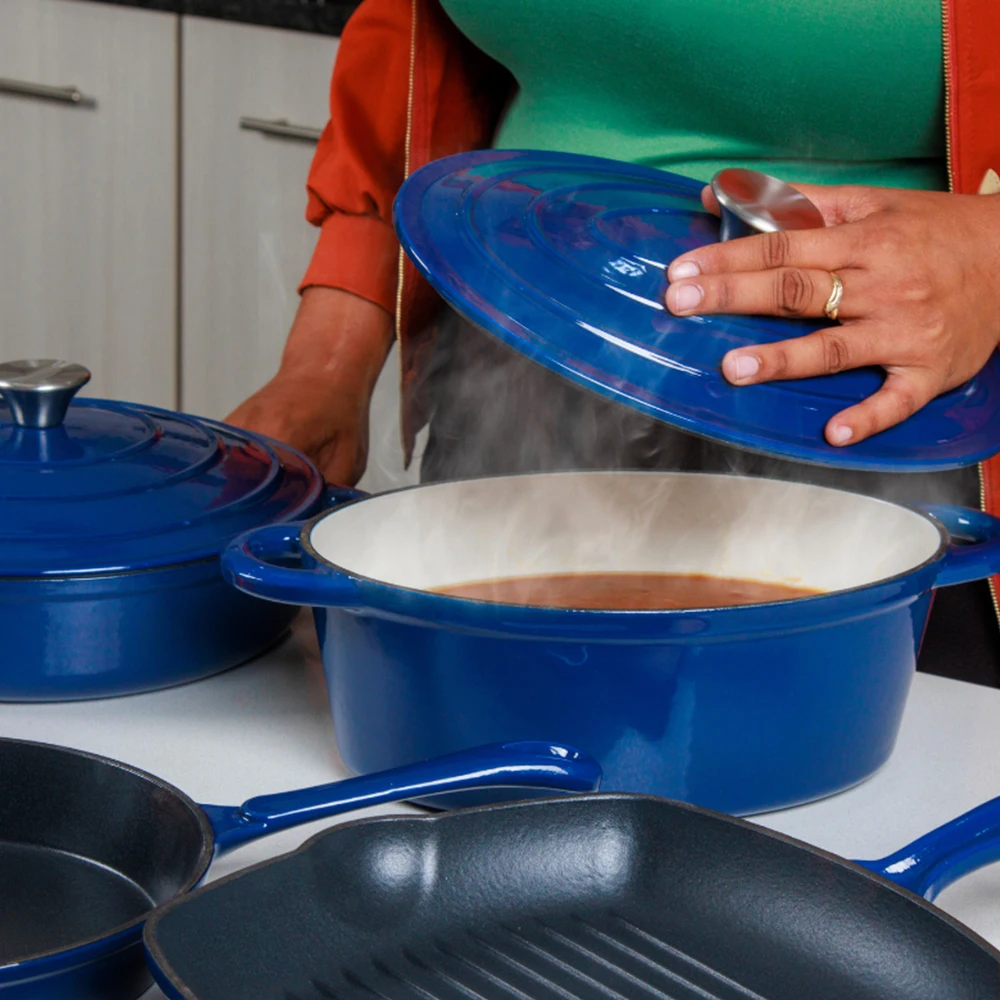 Bright Houseware OEM Custom Hot Selling 24cm Dutch Oven with Lid Non Stick Square Grill Pan Blue Enamel Cast Iron Cookware Set