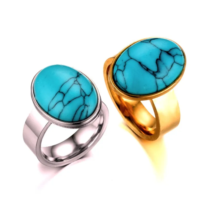 Retro Big Turquoise Stone Rings Titanium Steel Coral Floating Promise Rings Jewelry for Men Women