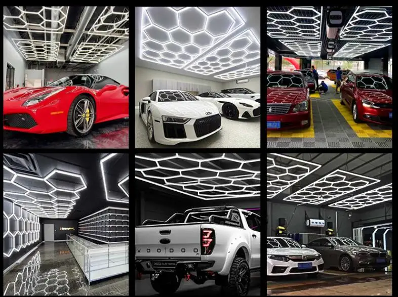 8*16FT Deformable Honeycomb Auto Car Detailing Lights Workshop Customized Grid Garage Lighting Ceiling Hexagonal LED Light