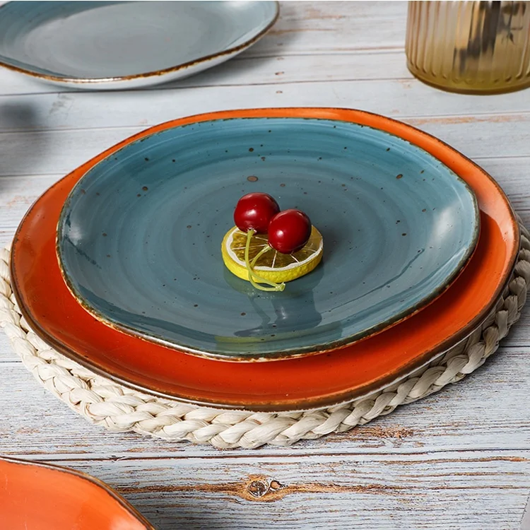 
European Modern Rustic Ceramics Dishes Custom Logo Fine Porcelain Dinner Plates Sets Dining Ceramic Plates for Restaurants 