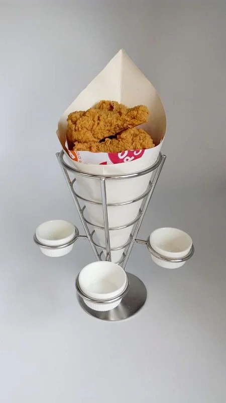 Fry and appetizer cone display with triple sauce cup holders Perfect for party and catering event - stainless Steel metal stand
