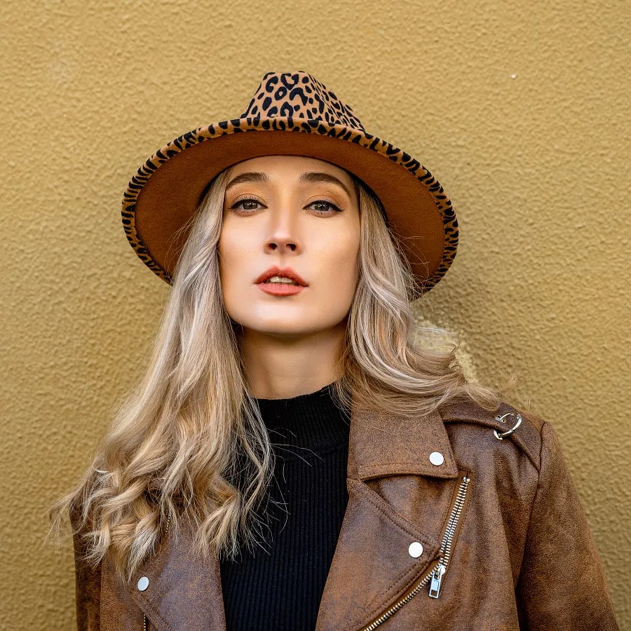 Large Flat Brim Autumn Winter Elegant Hats for Ladies Men Jazz Leopard Fedora Hat