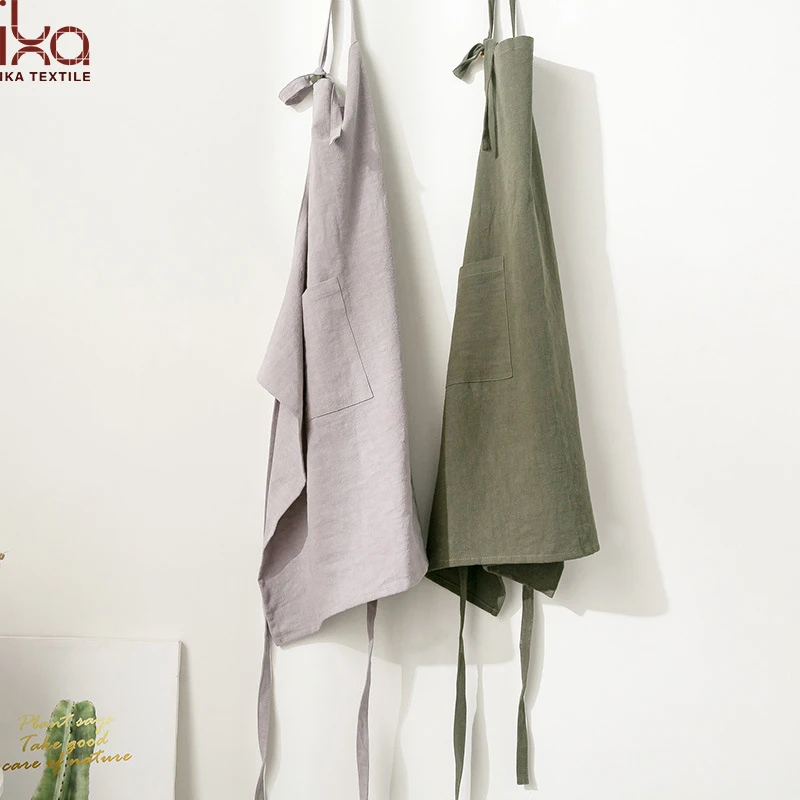 Logo Custom Cotton and Linen Wholesale Ladies Cross Back Nordic Aprons Coffee Shop with Pockets