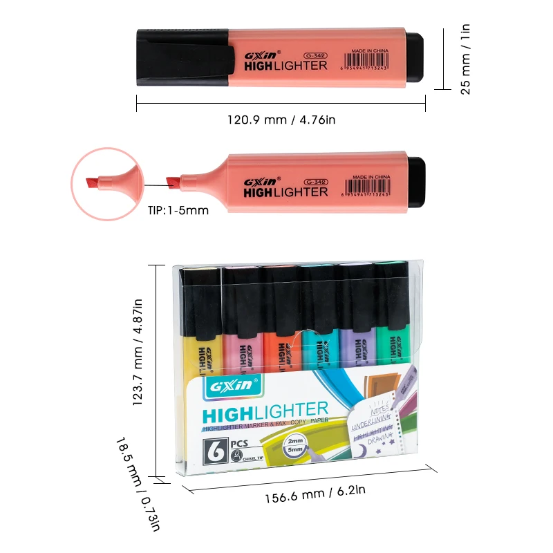 
OEM support logo fluorescent pastel 6 color stationery set multi color mini highlight pen for kids 