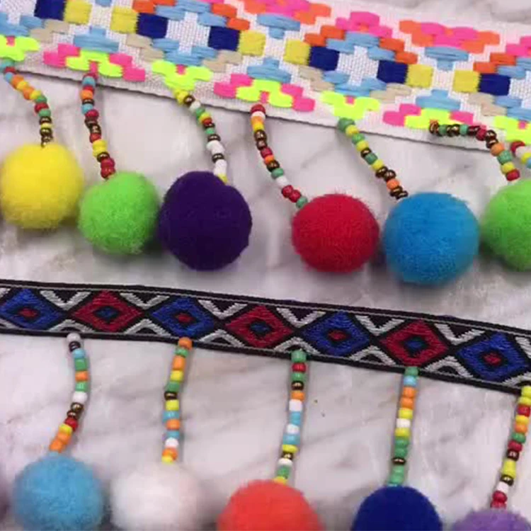 Hot Selling Colorful Wool Ball Lace Diy Handmade Nailed Beads National Style Ribbon Curtain Tassel Lace