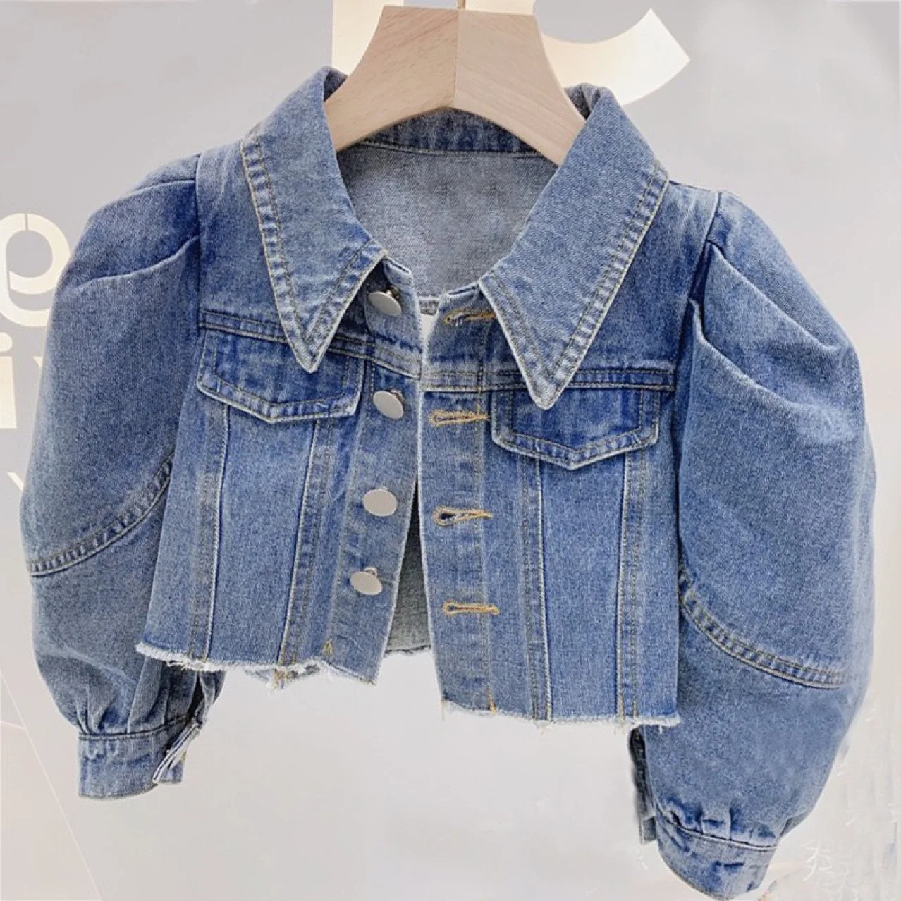 
2021 Korean Stayle Girls Net Red Fashion Puff Sleeve Denim Jacket Coat 
