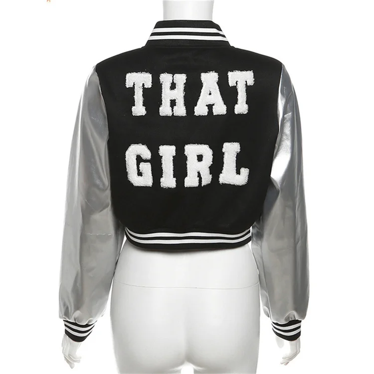 Spring Autumn Black Patchwork Graphic Jacket Party Club Outfits for Women Bodycon Letter Embroidery Crop Baseball