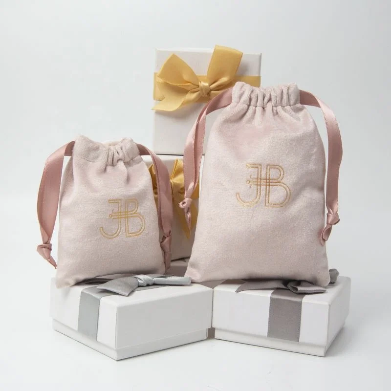 Custom Logo Printed luxury Pink Gift Velvet Drawstring Pouch cosmetic Bag with Pink ribbon
