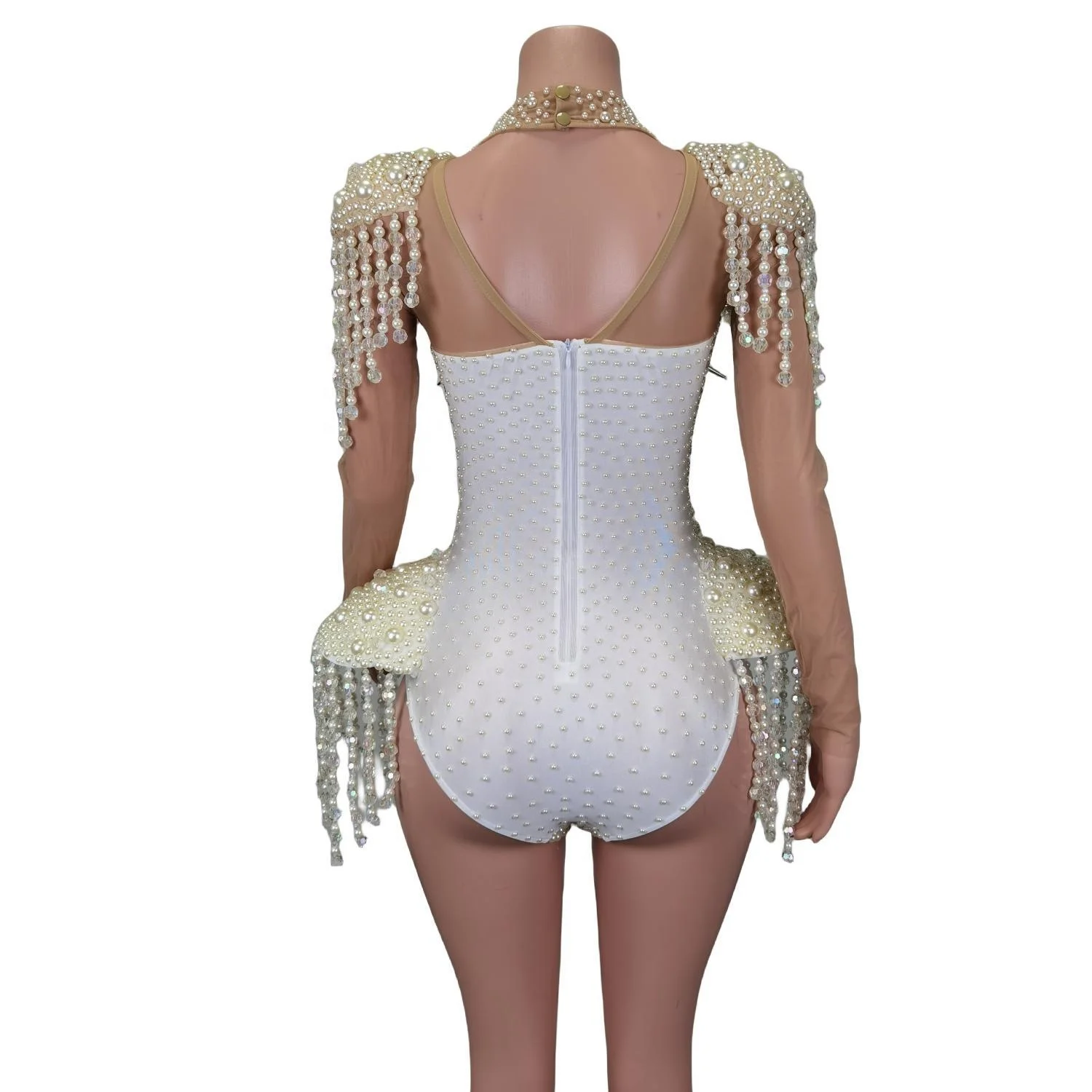 Luxury Fringes Rivets Pearls Rhinestone Jumpsuit Festival Outfit Show Stage Performance Wear Club Rompers Women Sexy Bodysuits