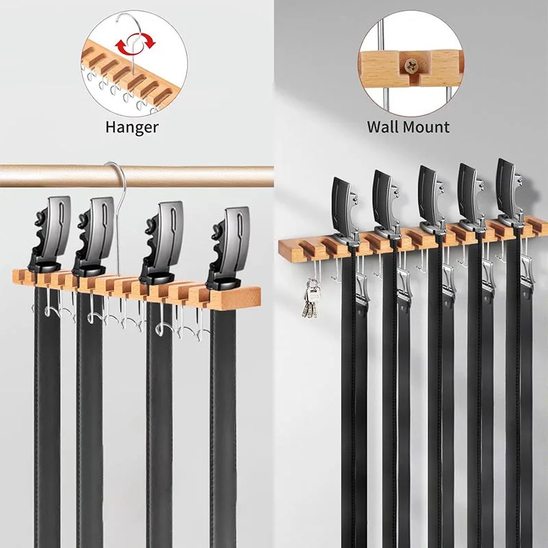 DS3736 Wall Mount Belt Rack Space Saving Ties Organizer Wooden Tie Rack Tie Hanger Walnut Wood Belt Hanger for Closet