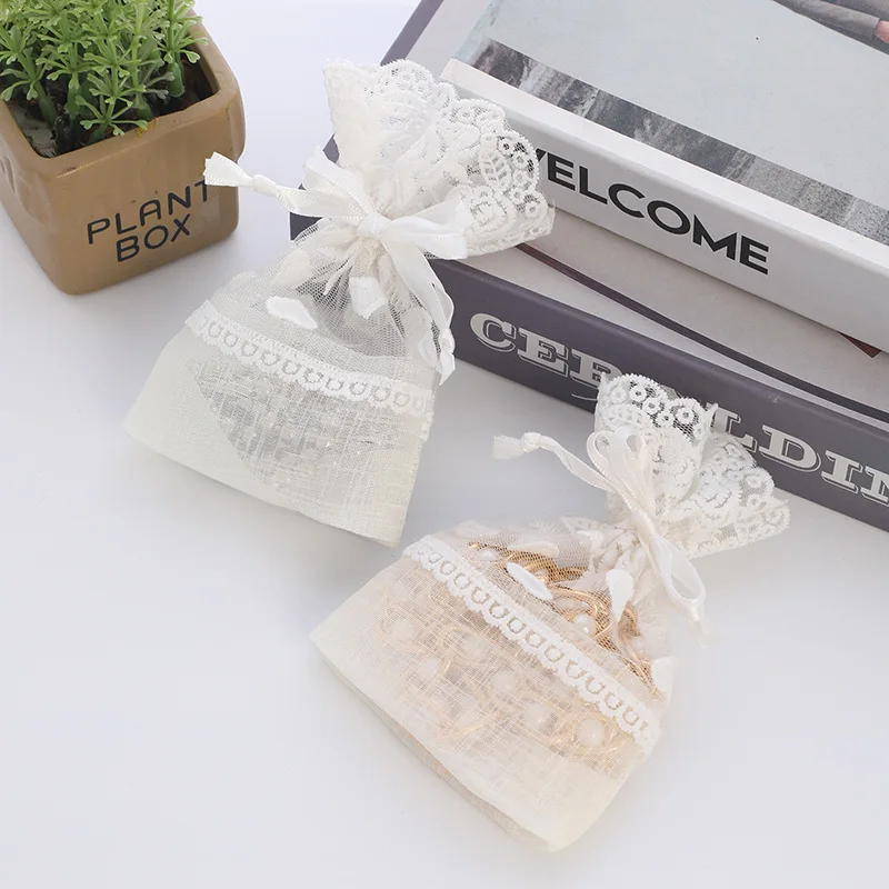 Wholesale Small Drawstring Pouches White Organza Lace Jewelry Pouches and Candy Pouches for Weddings and Parties