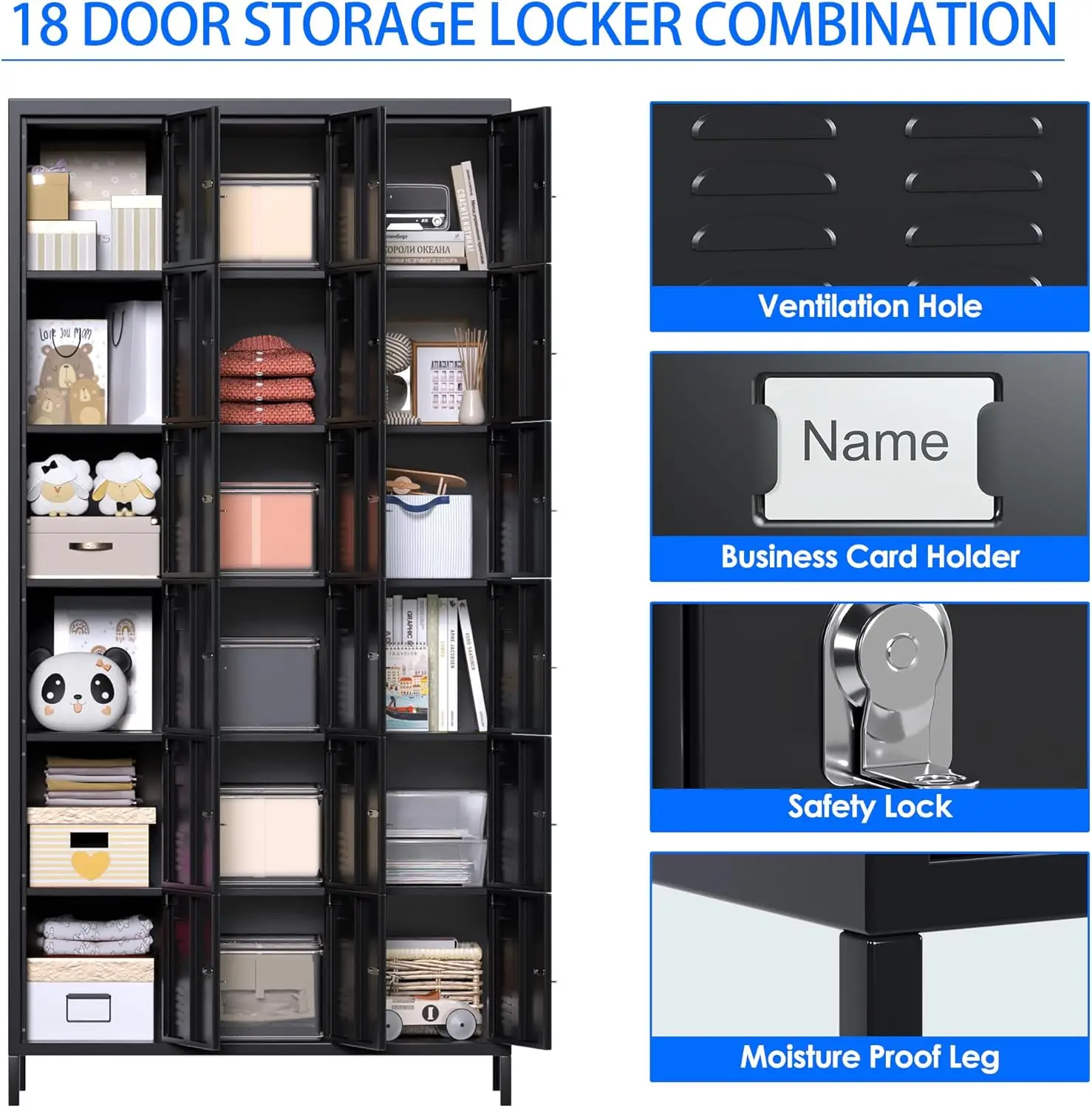 18 Doors Metal Lockers for Employees Metal Storage Locker Tall Metal Locker for Storage in Gyms Homes Offices with Hooks