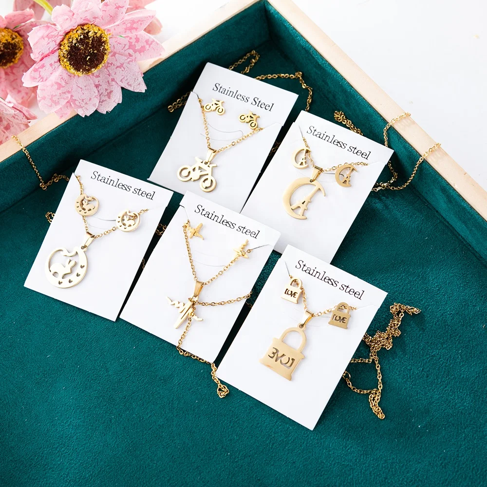  New Gold Plated Butterfly Heart Necklace Earrings for Women Girl Various Styles Stainless Steel ecg windmill Jewelry Set